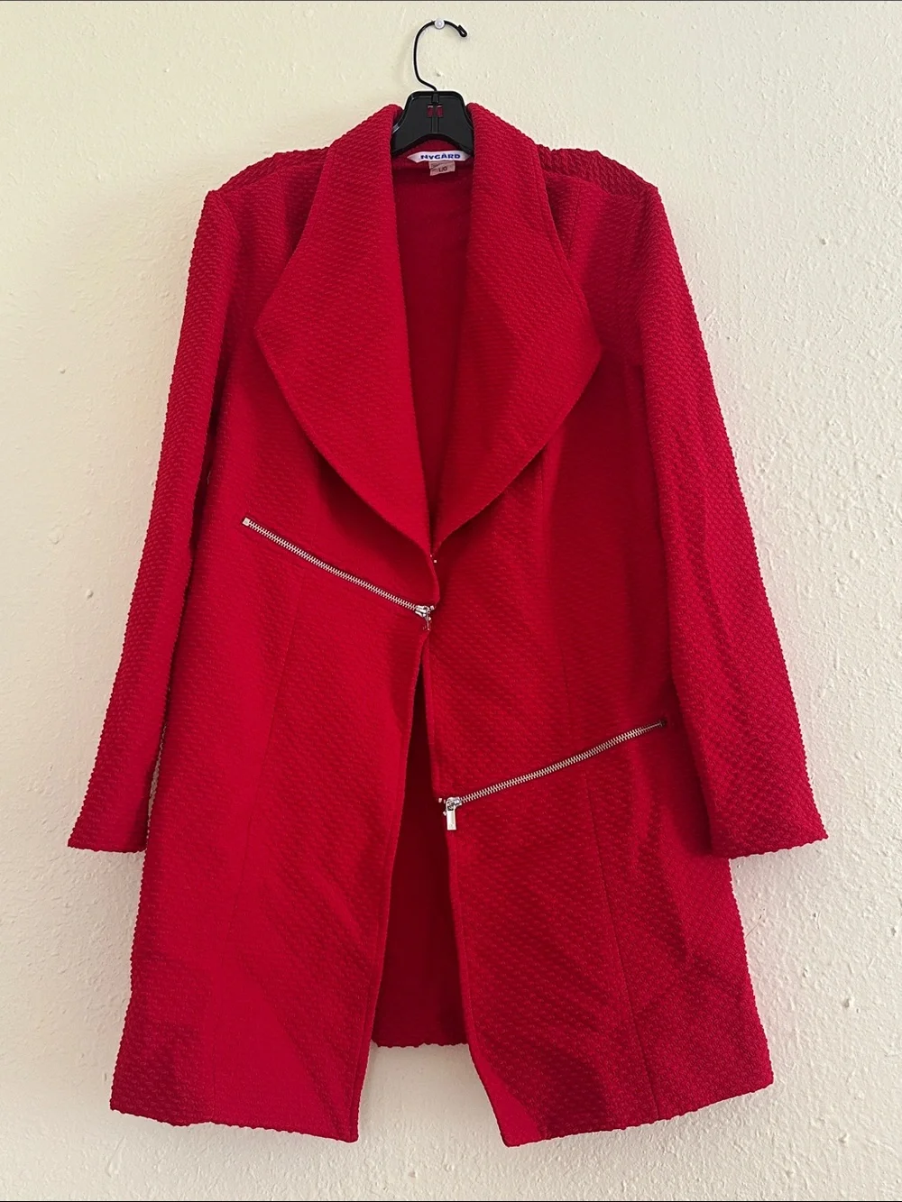 Red Textured Open-Front Coat with Zip Pockets EUC